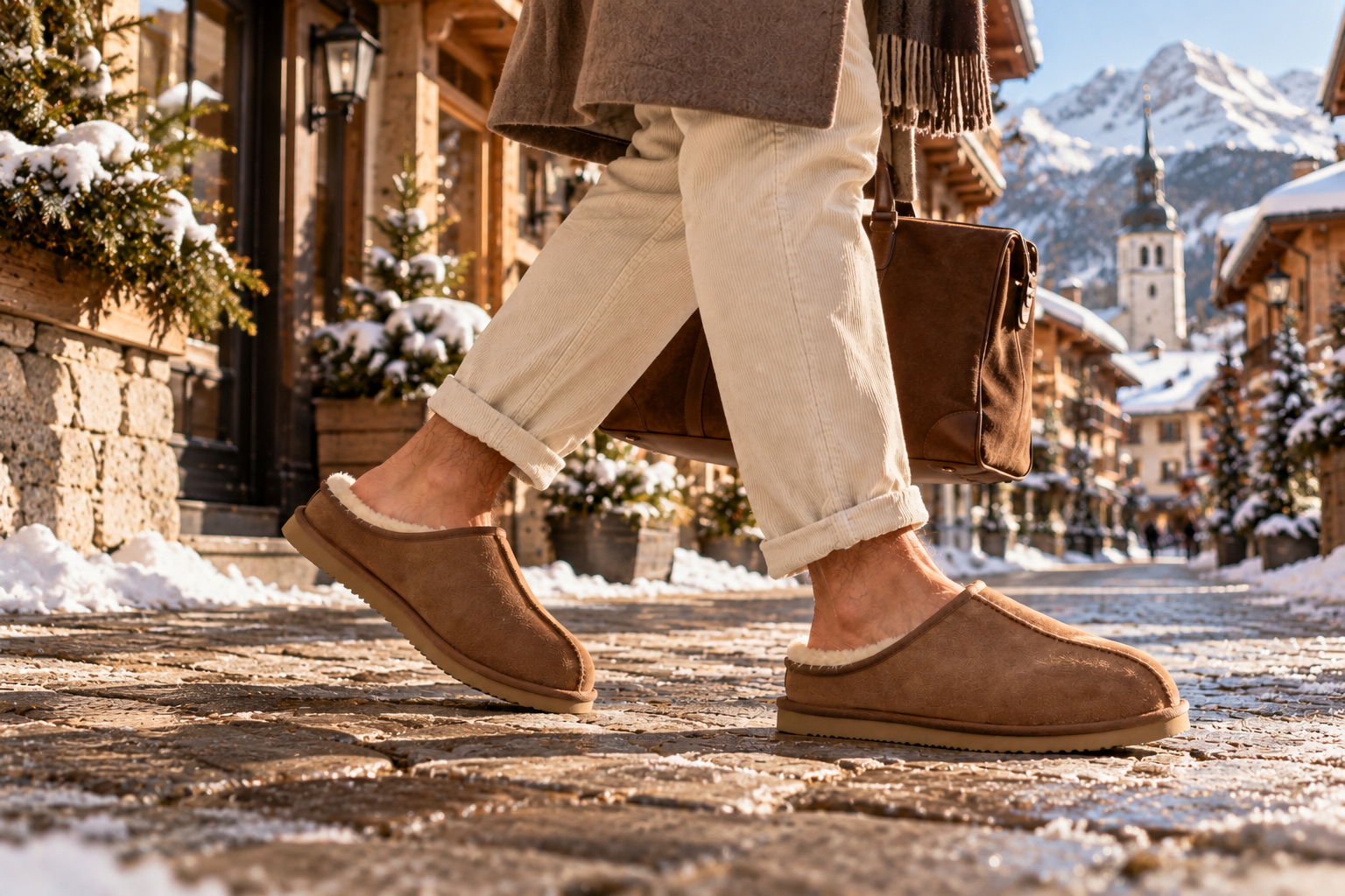 Chaussons fourrés portés dans la rue enneigée d'un village de montagne