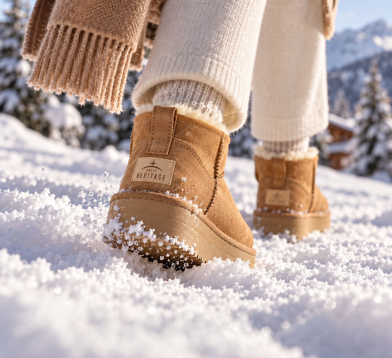 Gros plan sur des bottines fourrées dans la neige