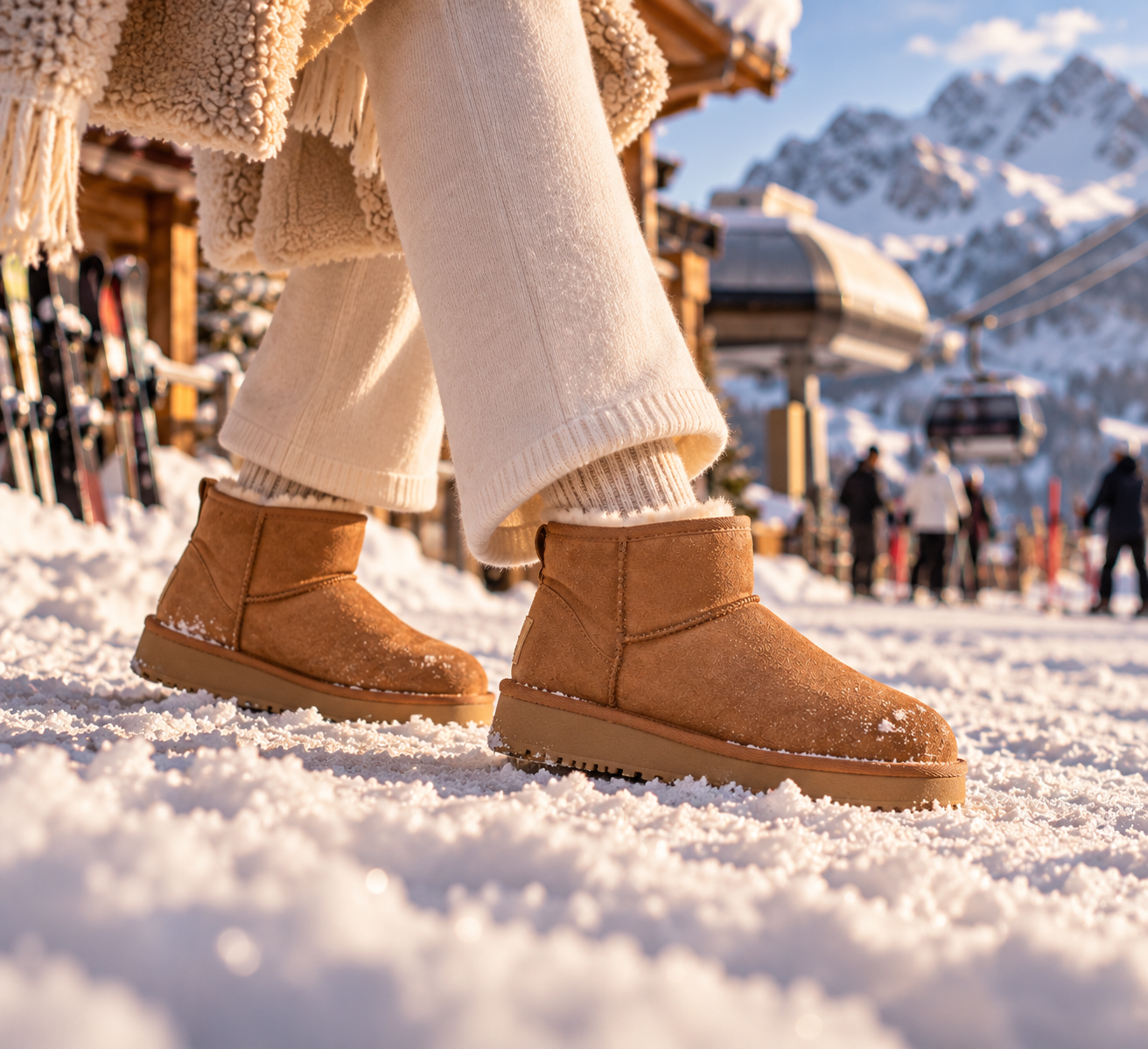 Bottines fourrées dans la neige, au pied des pistes